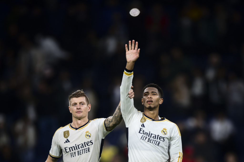 Jude Bellingham (R) and Toni Kroos of Real Madrid CF