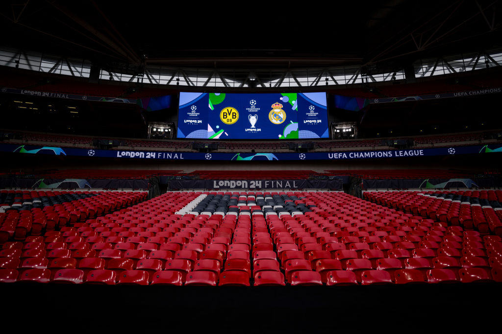 A general view of Wembley Stadium and a scoreboard are seen